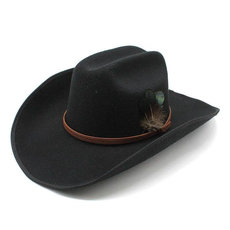 Cowboy Solid Black Fedora Hat with Feather Belt The Tie Hub