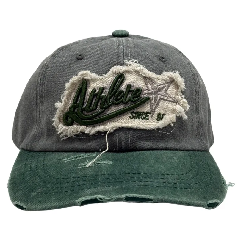 Grey Green Men's Athlete Embroidered Distressed Cotton